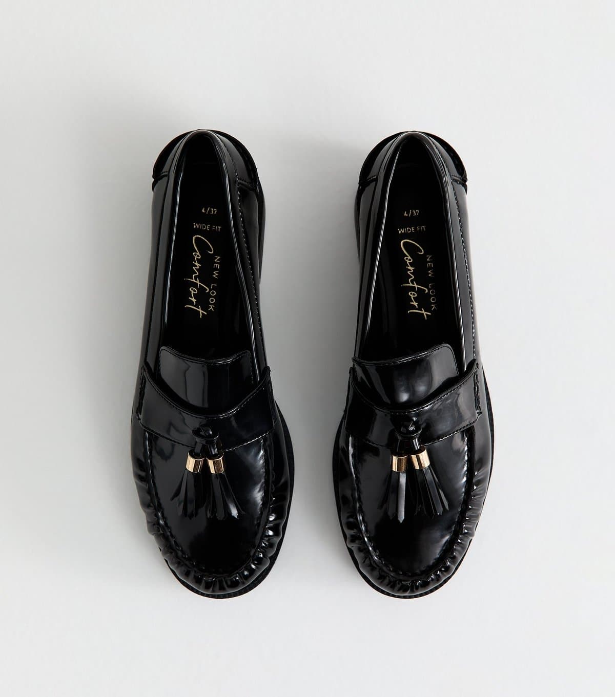 New Look Women's Wide Fit Black Patent Faux Leather Tassel Detail Loafers Vegan New Look