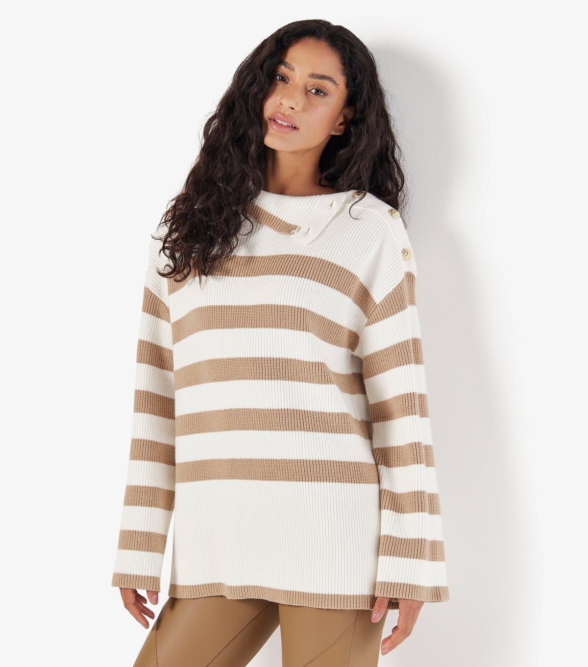 Apricot Women's Stone Stripe Button Shoulder Jumper Apricot New Look
