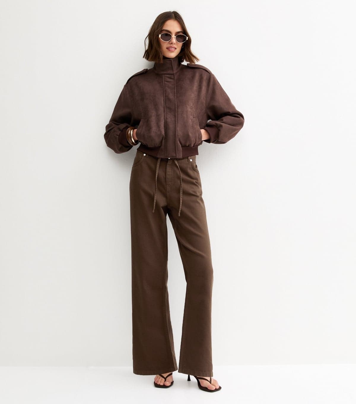 New Look Women's Brown Tie Waist Wide Leg Jeans New Look