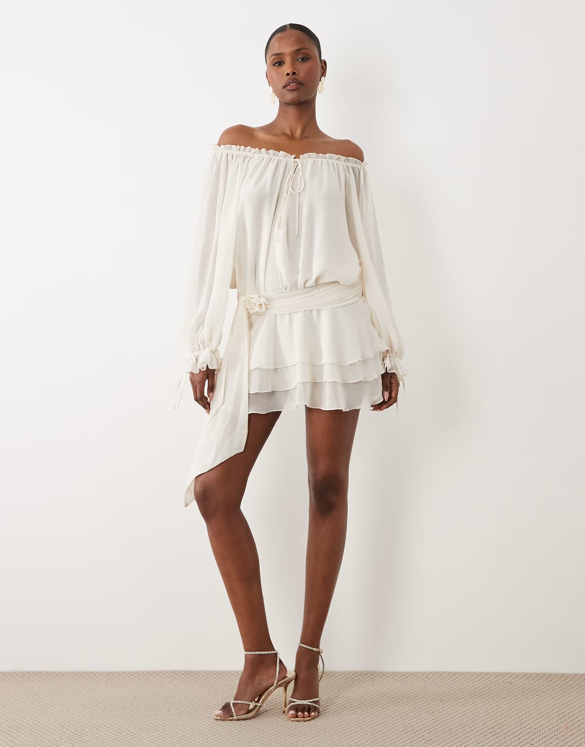ASOS Oh Polly chiffon off shoulder balloon sleeve layered skirt tie detail mini dress in ivory