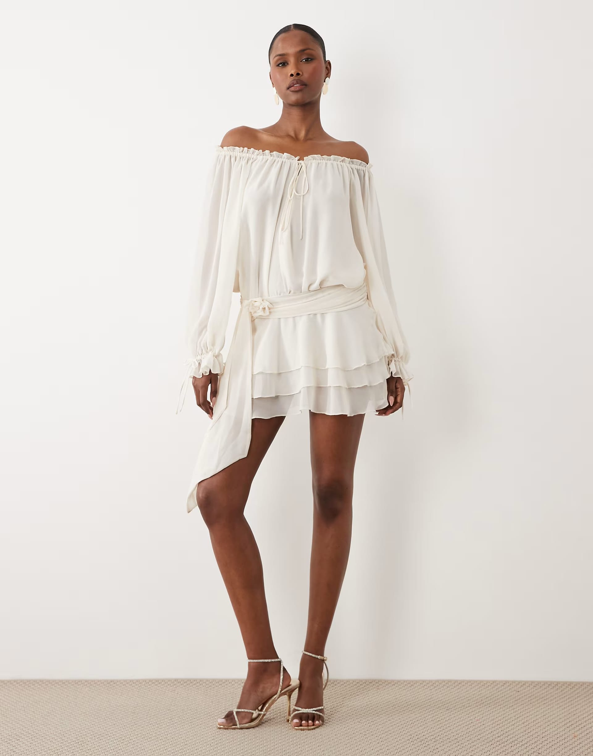 ASOS Ivory Chiffon Off-Shoulder Mini Dress