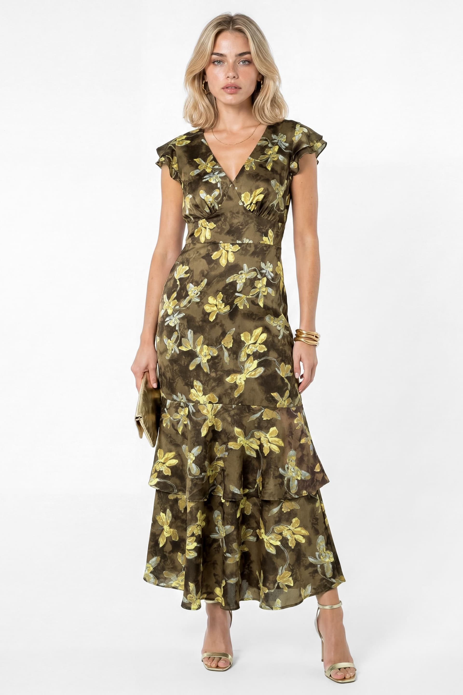 Lovedrobe Lovedrobe Women's Floral Flutter Sleeve Tiered Midaxi Dress in Olive