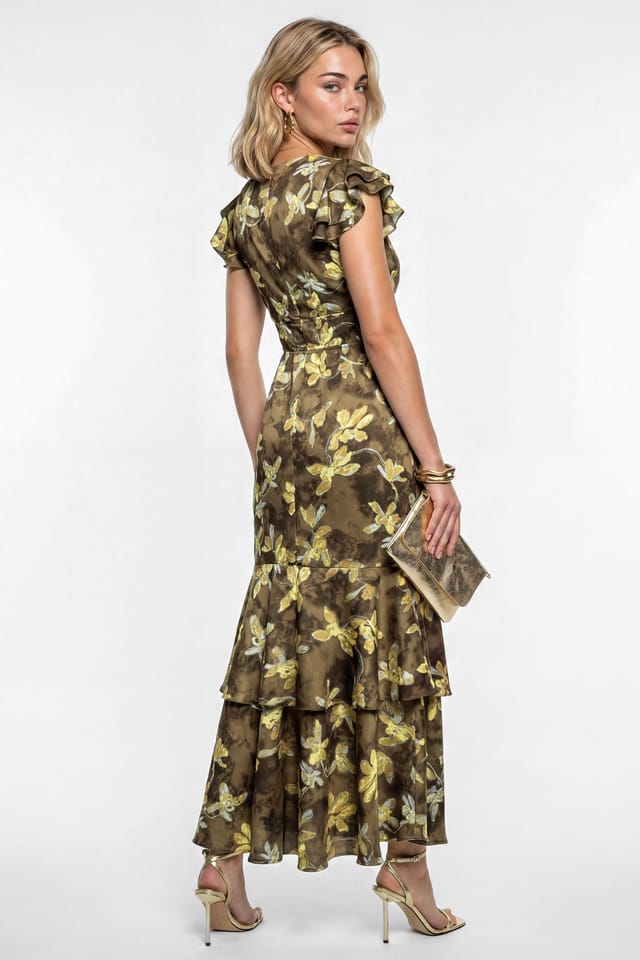 Lovedrobe Lovedrobe Women's Floral Flutter Sleeve Tiered Midaxi Dress in Olive - 2