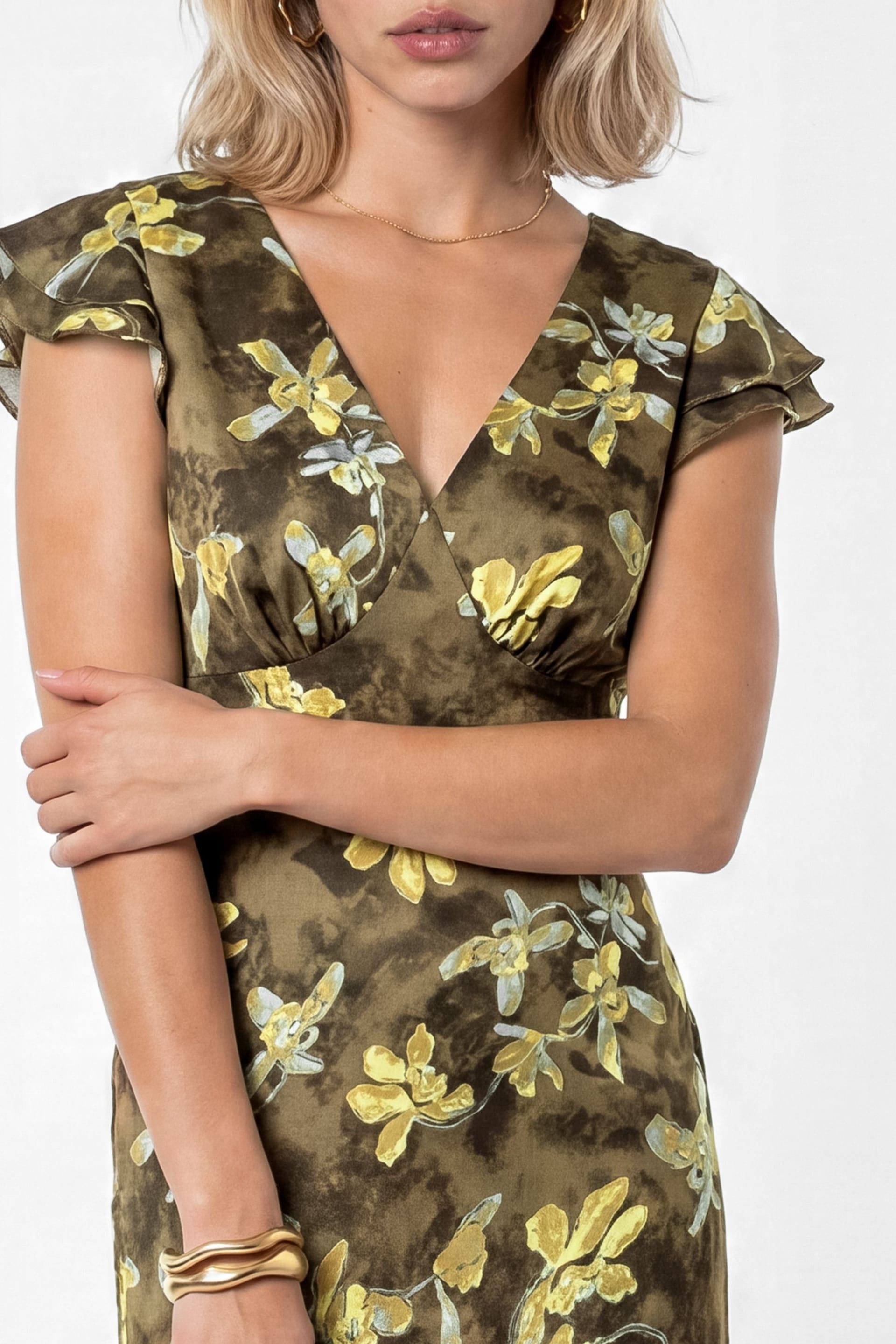 Lovedrobe Lovedrobe Women's Floral Flutter Sleeve Tiered Midaxi Dress in Olive - 4