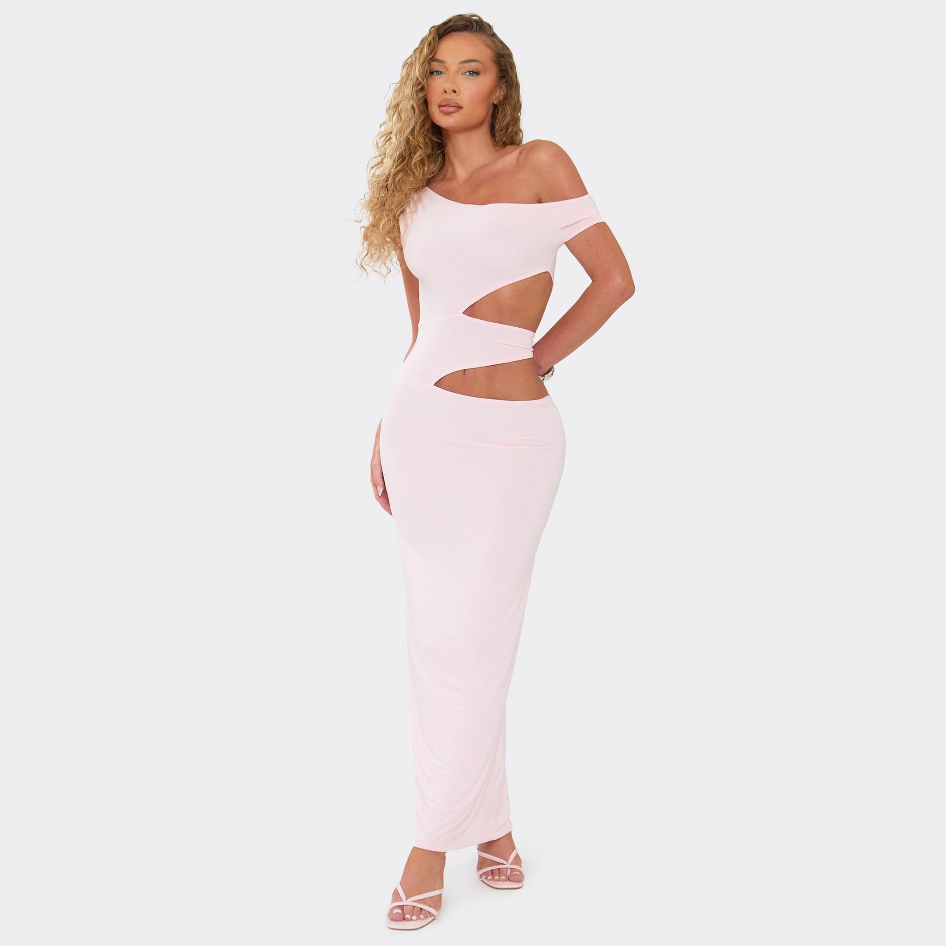 EGO Asymmetric One Shoulder Cut Out Maxi Dress In Baby Pink Slinky., Women's Size UK 4