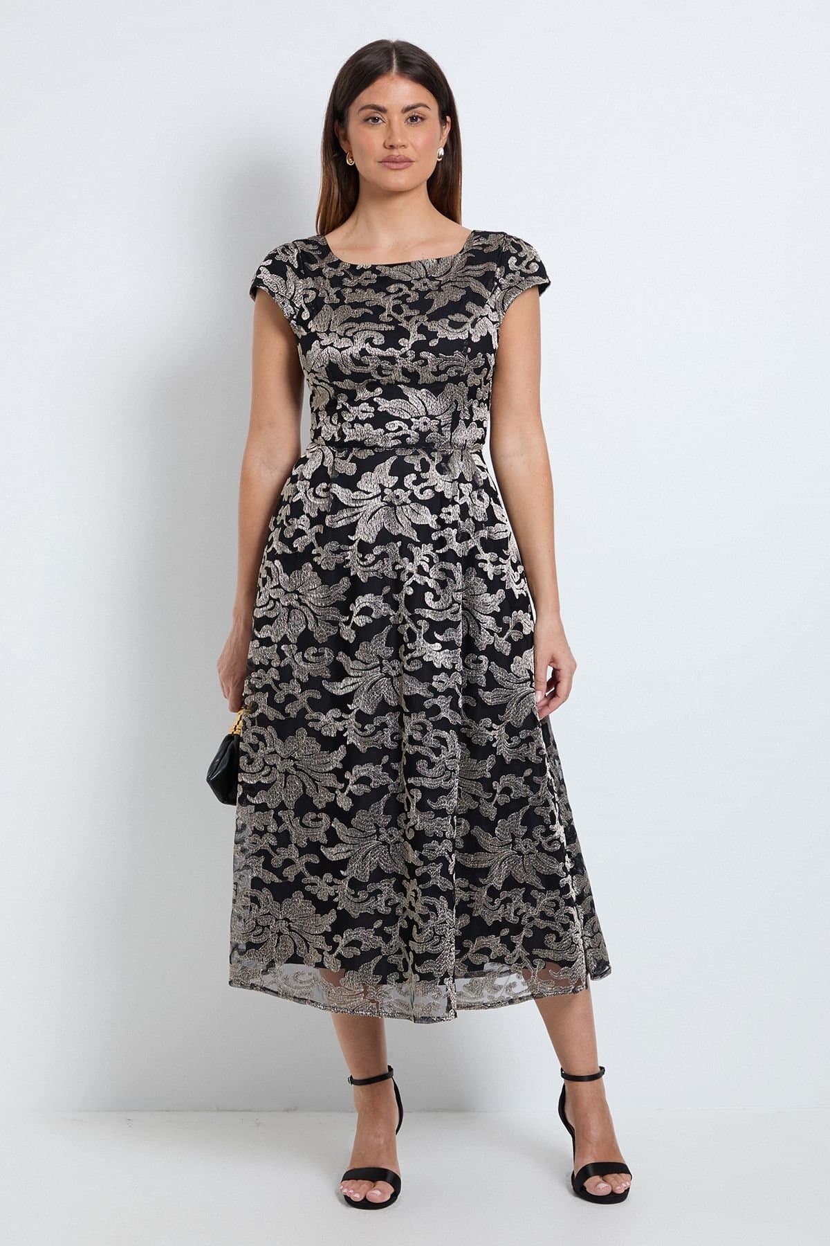Wallis Wallis Women's Metallic Jacquard Fit & Flare Midi Dress in Gold