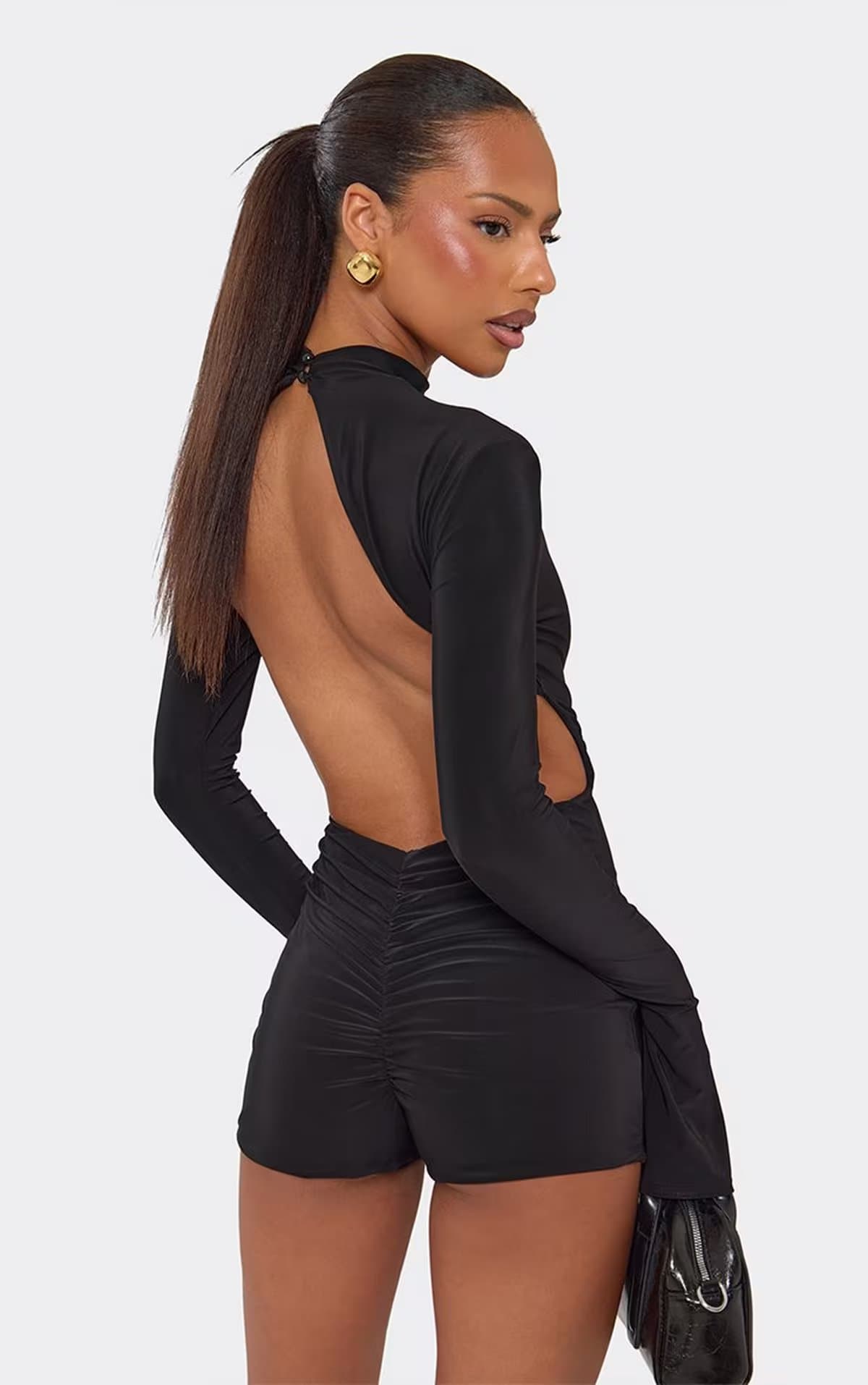 EGO Long Sleeve Flared Open Back Ruched Bum Playsuit In Black, Women's Size UK 6