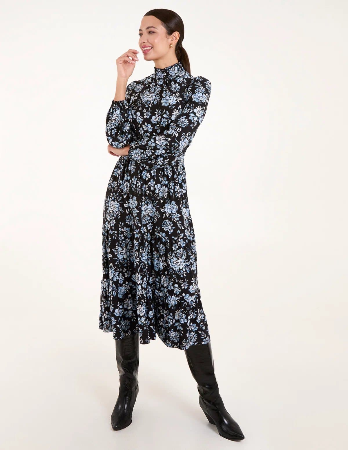 Blue Vanilla High Neck Shirred Floral Midi Dress