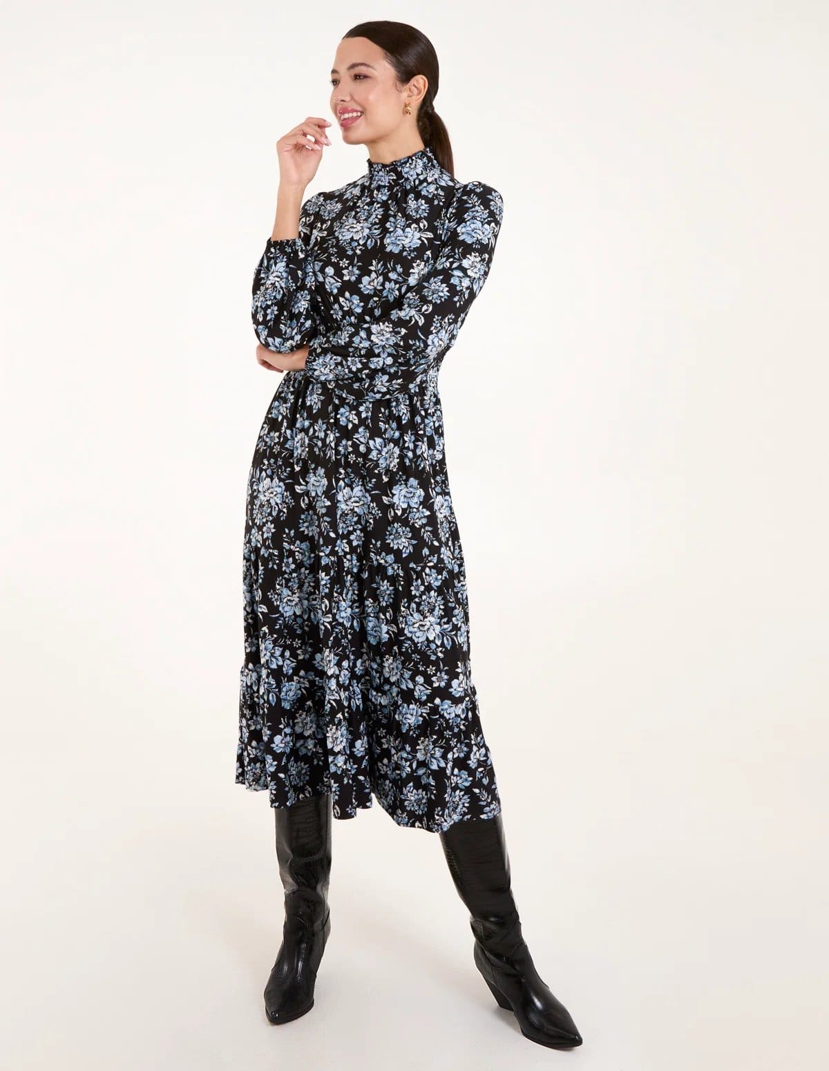 High Neck Shirred Floral Midi Dress