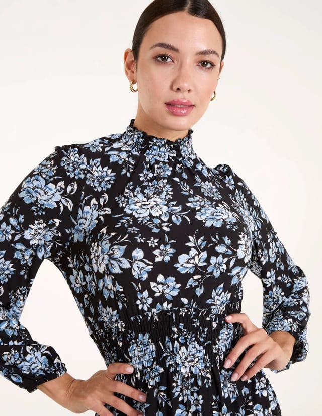 Blue Vanilla High Neck Shirred Floral Midi Dress - 2