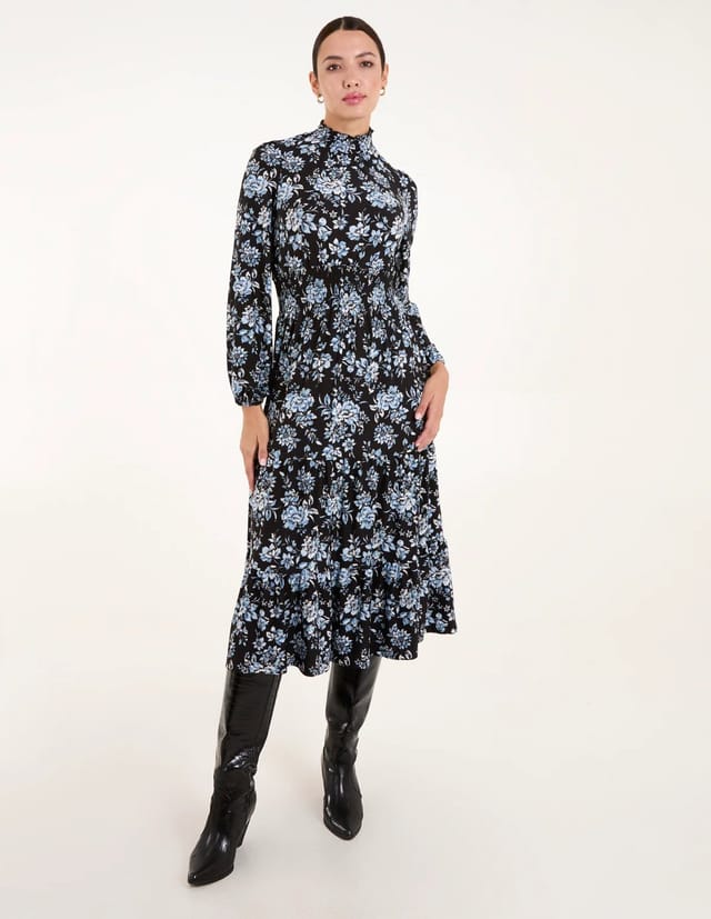 Blue Vanilla High Neck Shirred Floral Midi Dress - 3
