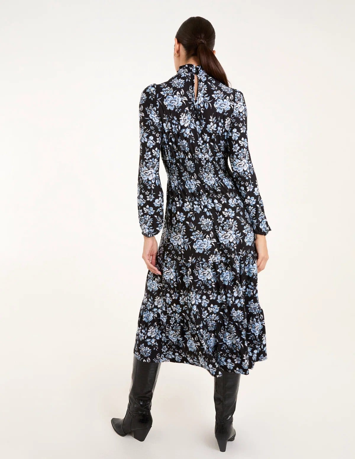 Blue Vanilla High Neck Shirred Floral Midi Dress - 4