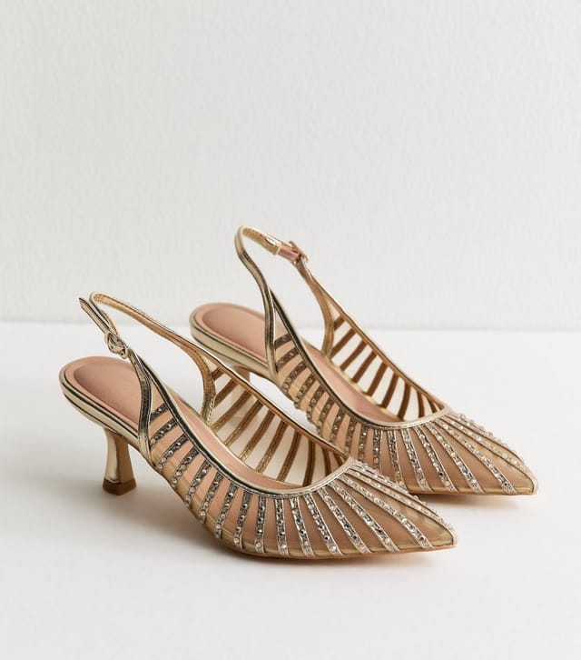 New Look Women's Wide Fit Gold Bling Mesh Slingback Court Shoes Vegan New Look - 2