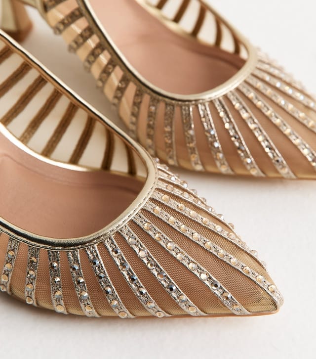 New Look Women's Wide Fit Gold Bling Mesh Slingback Court Shoes Vegan New Look - 3