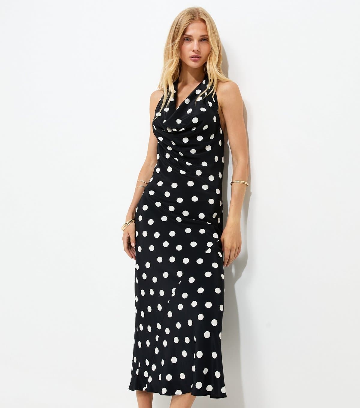 New Look Women's Black Satin Polka Dot Cowl Halterneck Midi Dress New Look