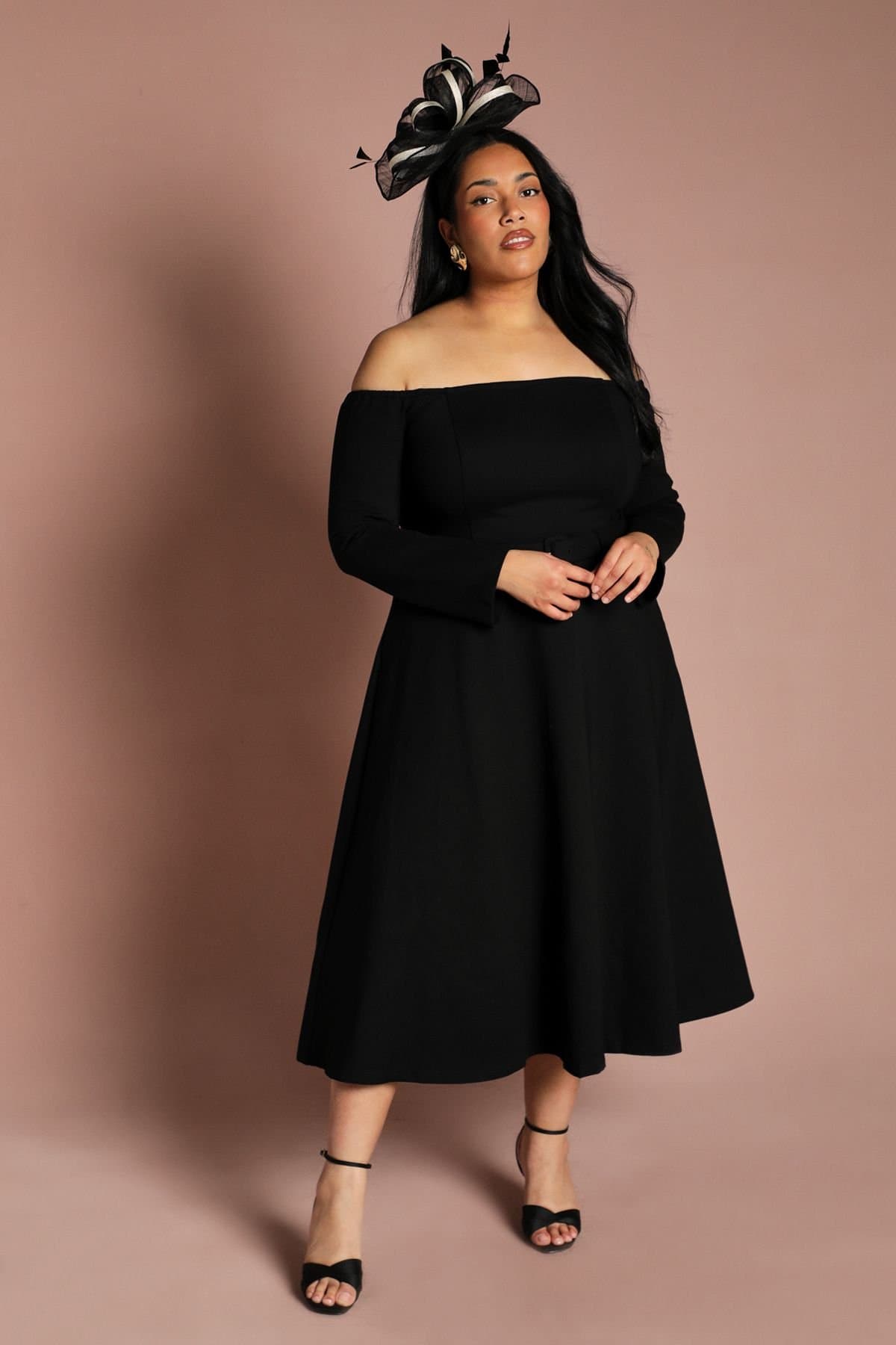 Coast Coast Women's Plus Long Sleeve Bardot Full Skirted Ponte Midi Dress in Black