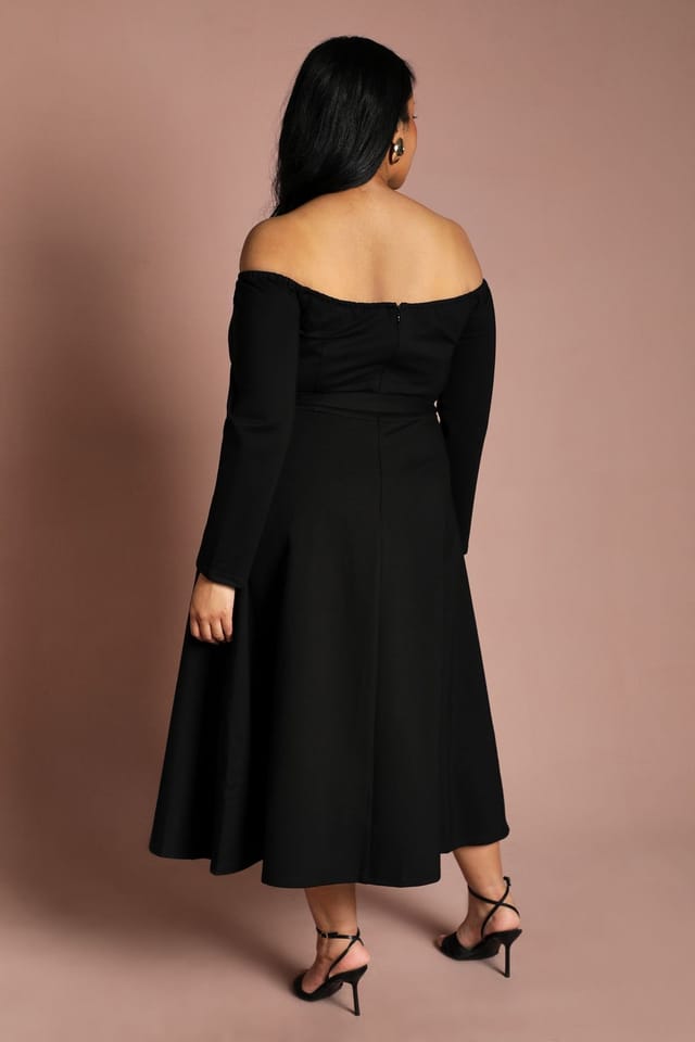 Coast Coast Women's Plus Long Sleeve Bardot Full Skirted Ponte Midi Dress in Black - 3