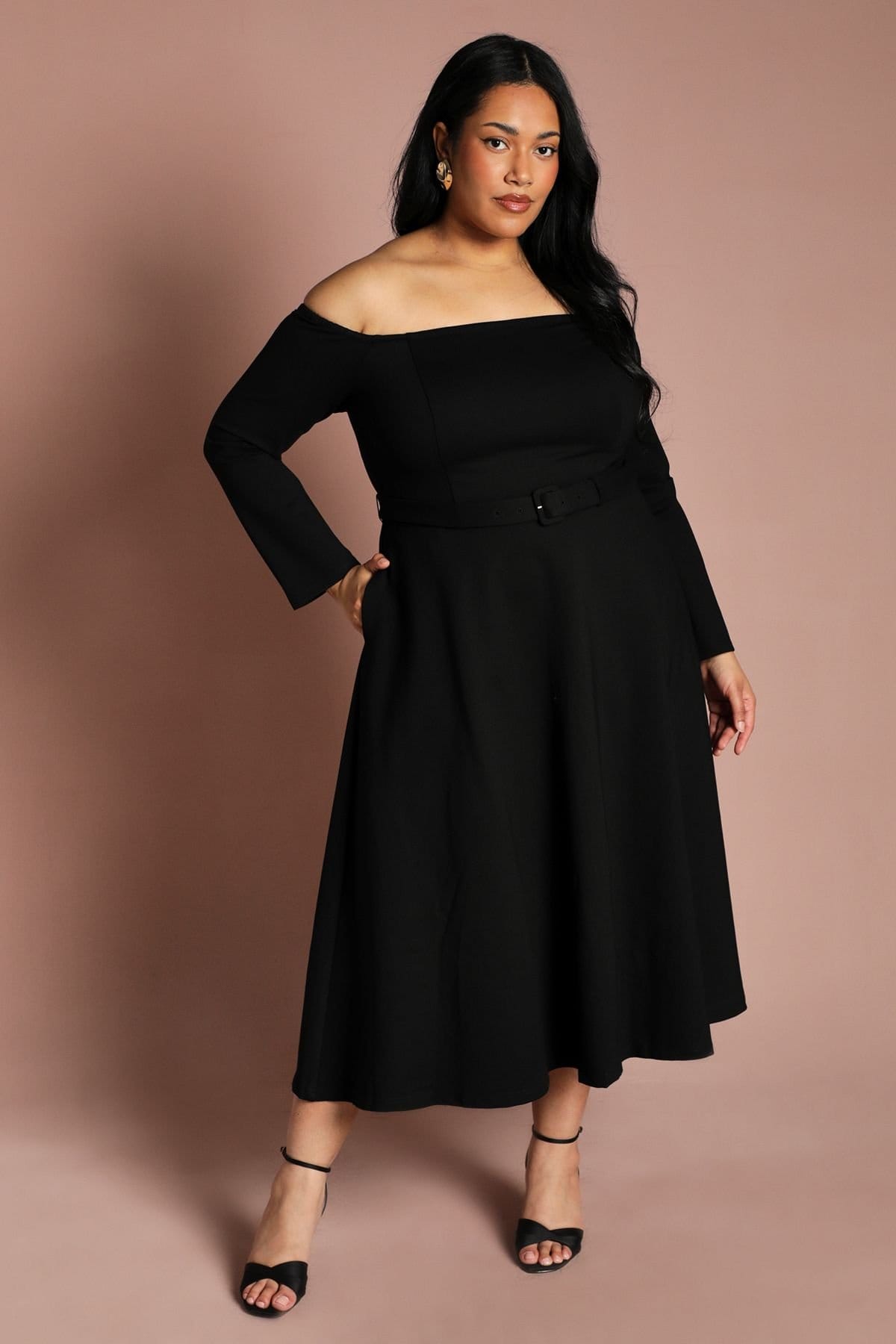 Coast Coast Women's Plus Long Sleeve Bardot Full Skirted Ponte Midi Dress in Black - 4