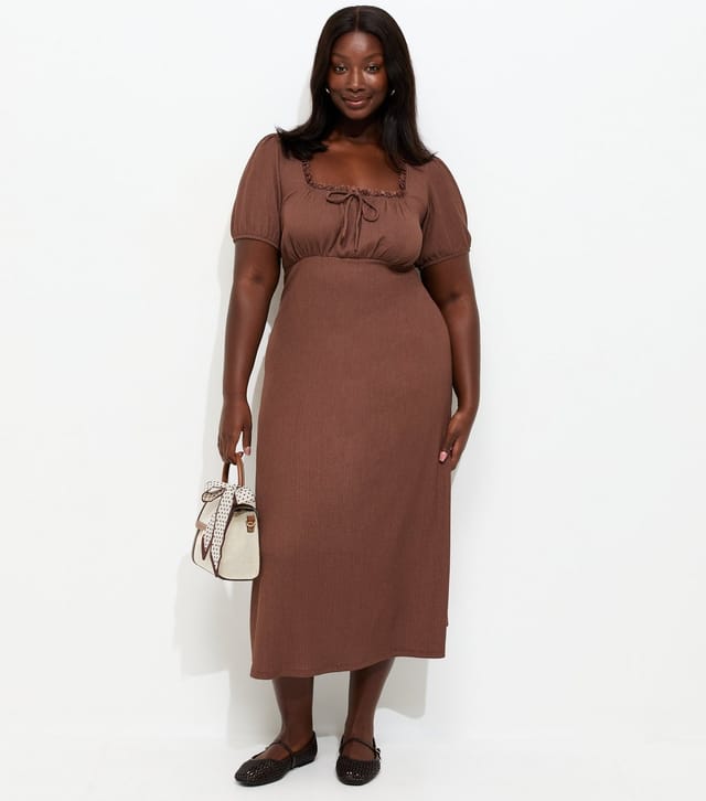 New Look Women's Plus Size Dark Brown Crinkle Texture Milkmaid Midi Dress Curves New Look - 3