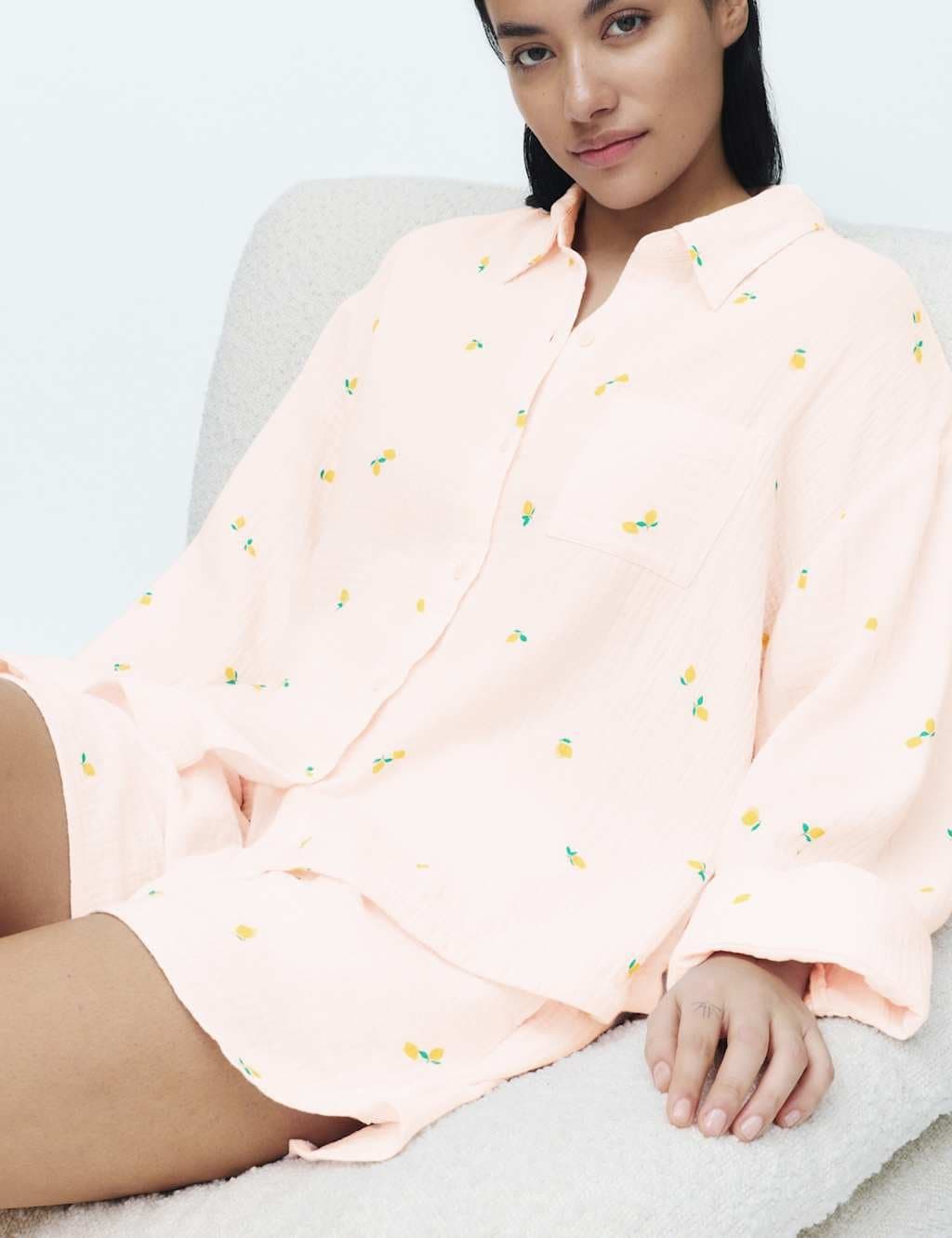 Marks & Spencer M&S Pure Cotton Muslin Printed Shortie Set Pink Mix