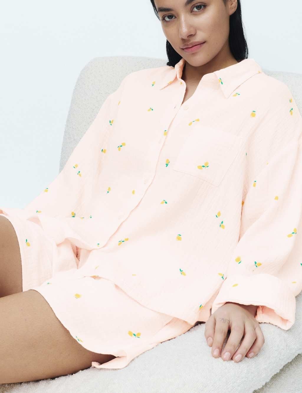 M&S Pure Cotton Muslin Printed Shortie Set Pink Mix