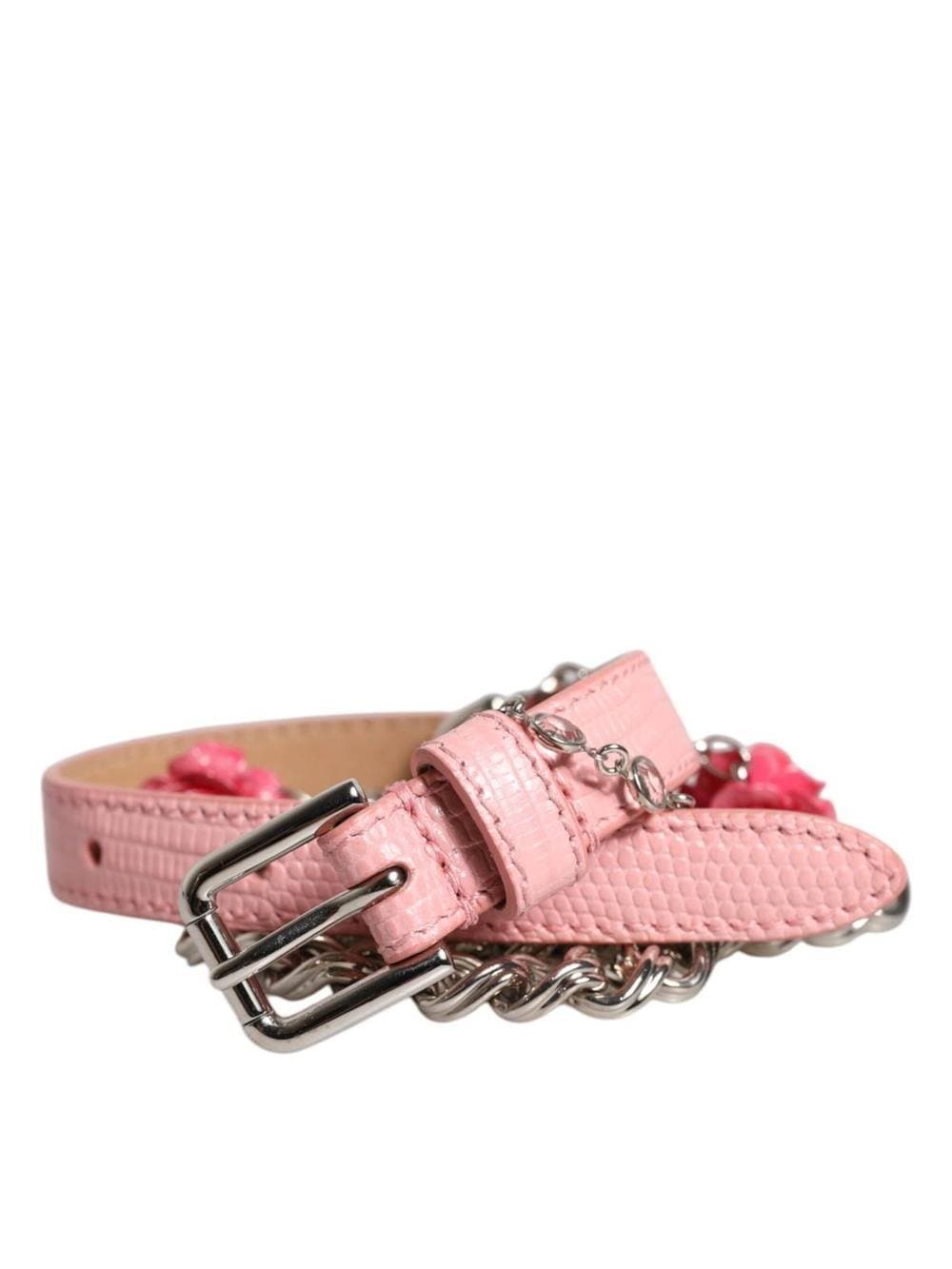Dolce & Gabbana Dolce & Gabbana Pink Embellished Roses Textured Leather Belt