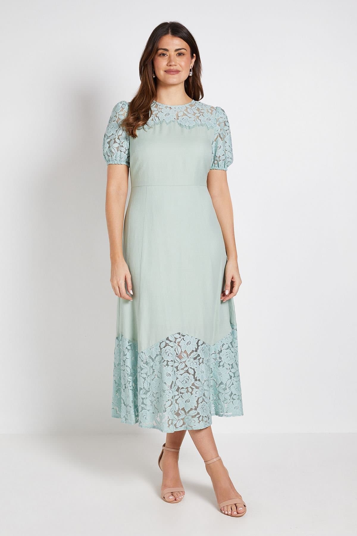 Wallis Wallis Women's Lace Puff Sleeve Midi Dress in Sage