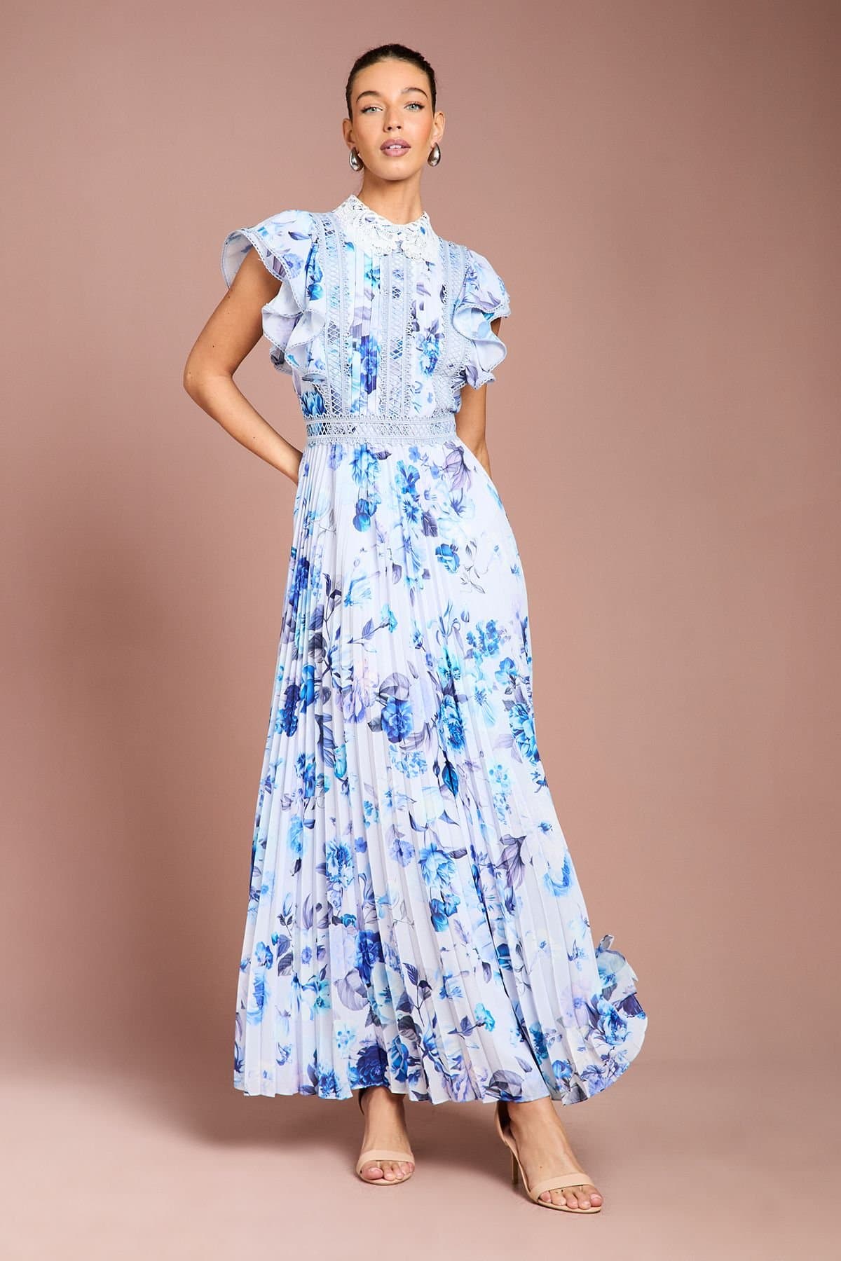 Coast Coast Women's Frill Sleeve Contrast Collar Pleat Skirt Maxi Dress in Blue