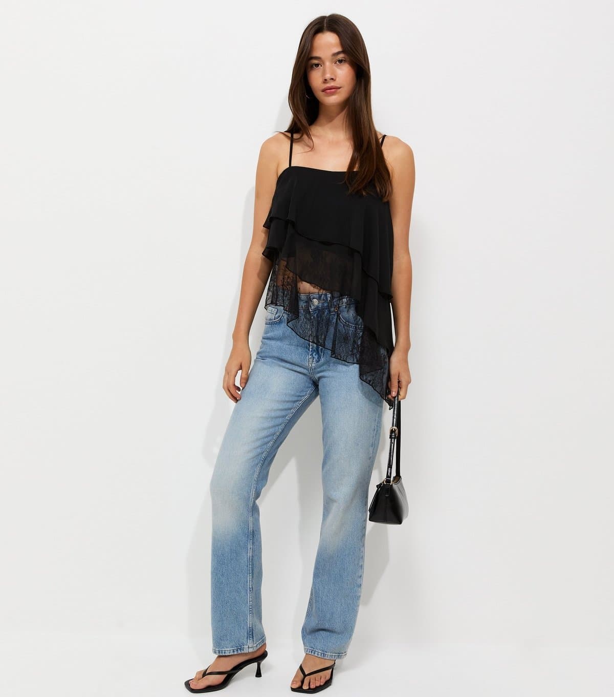 New Look Women's Black Lace Asymmetric Tiered Cami Top New Look