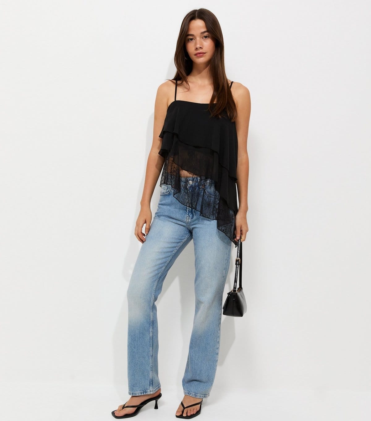 New Look Black Lace Asymmetric Tiered Cami Top