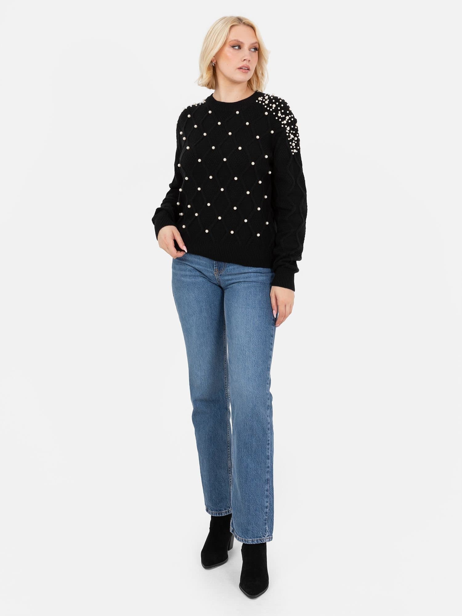 Lovedrobe Lovedrobe Women's Pearl Embellished Cable Knit Jumper in Black