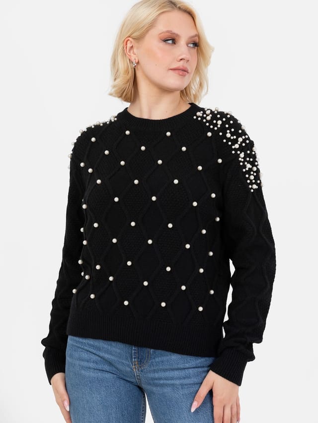 Lovedrobe Lovedrobe Women's Pearl Embellished Cable Knit Jumper in Black - 2