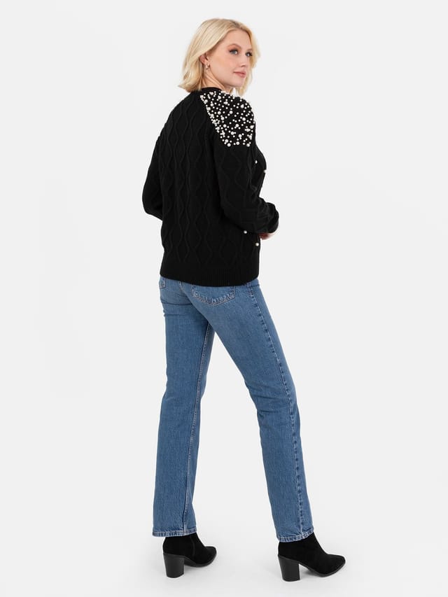 Lovedrobe Lovedrobe Women's Pearl Embellished Cable Knit Jumper in Black - 3
