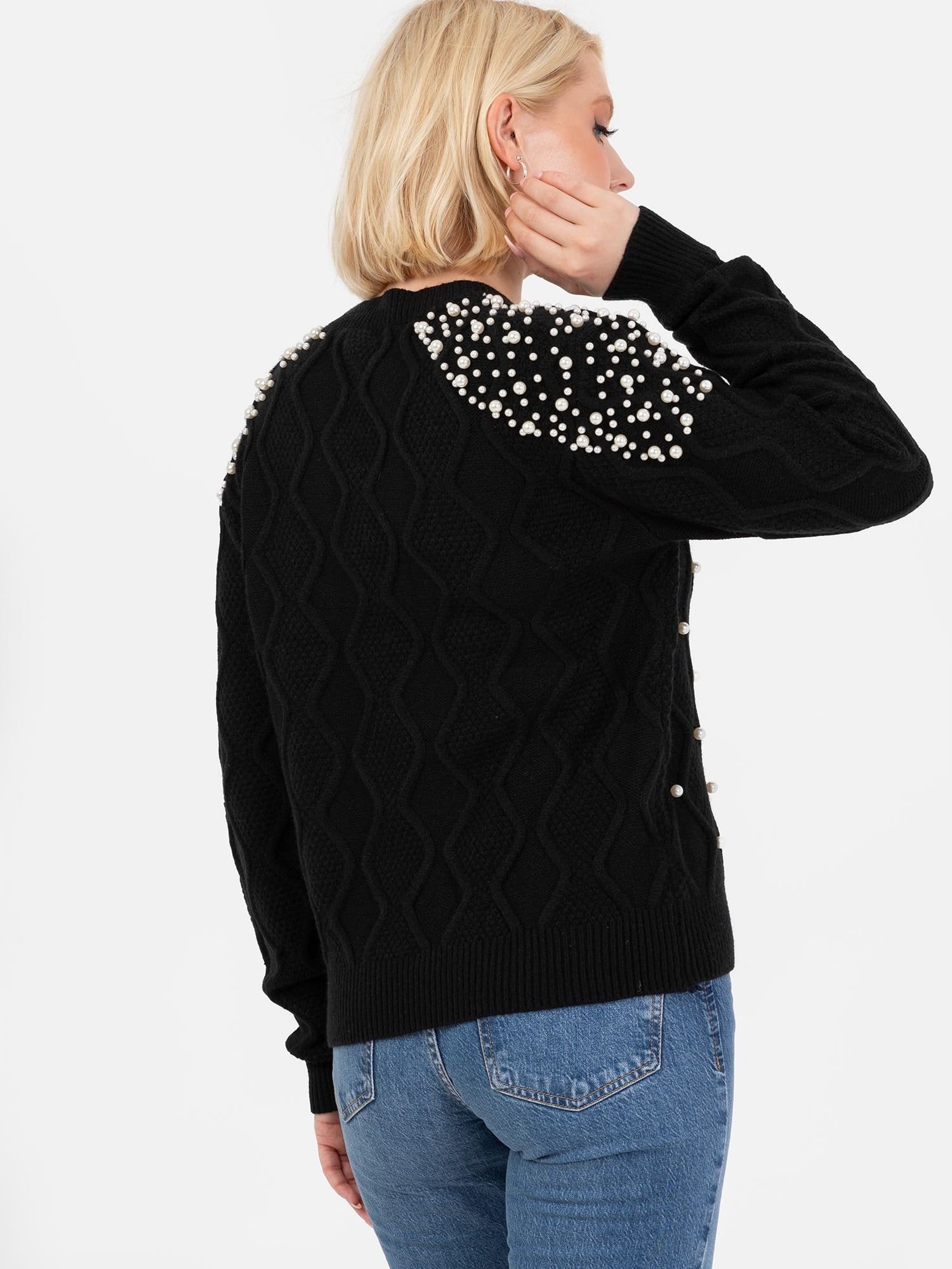 Lovedrobe Lovedrobe Women's Pearl Embellished Cable Knit Jumper in Black - 4