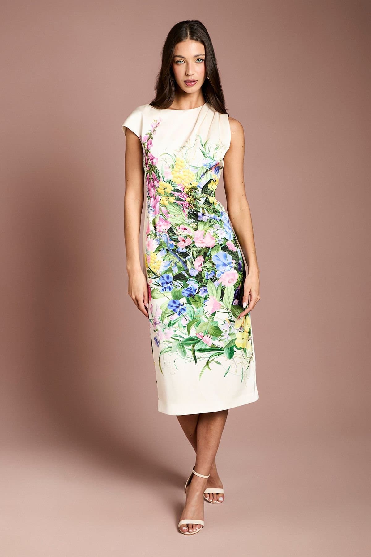 Coast Coast Women's Floral Printed Satin Pencil Dress in Ivory
