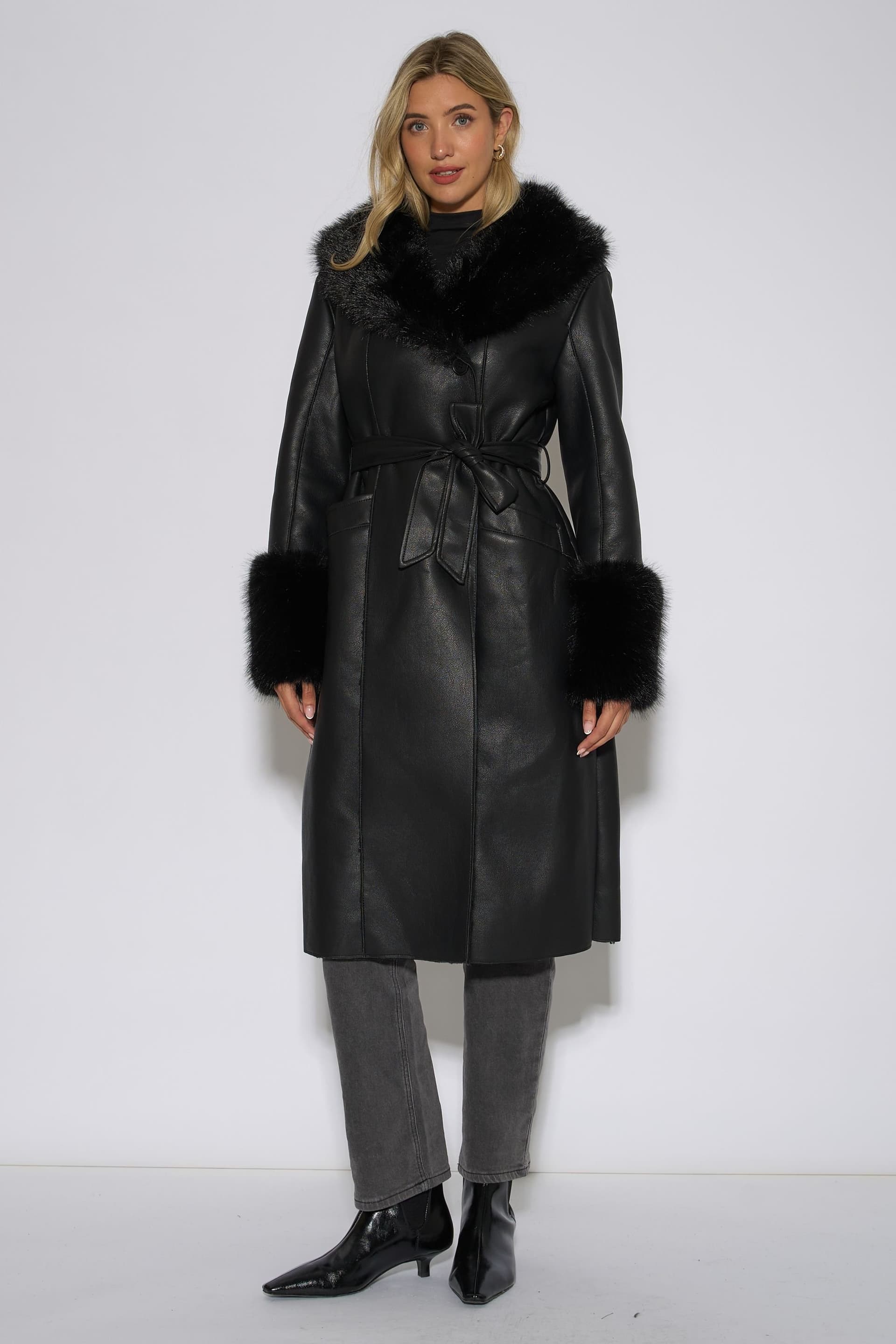 Gini London Gini London Women's Black Fur Trim Faux Leather Wrap Longline Coat