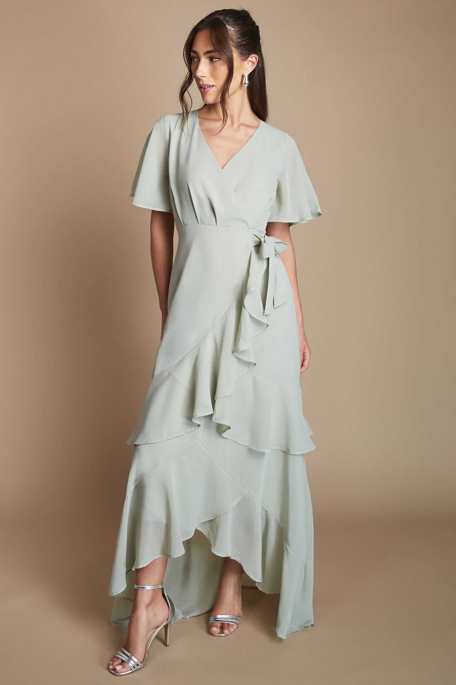 Coast Coast Women's Angel Sleeve Tiered Bridesmaid Maxi Dress in Sage - 4