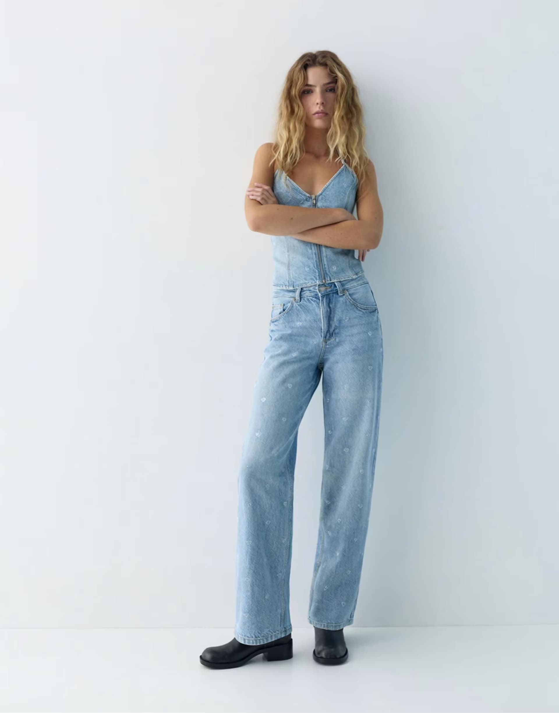 ASOS Pull&Bear Straight-leg jeans with rhinestone hearts in pale blue