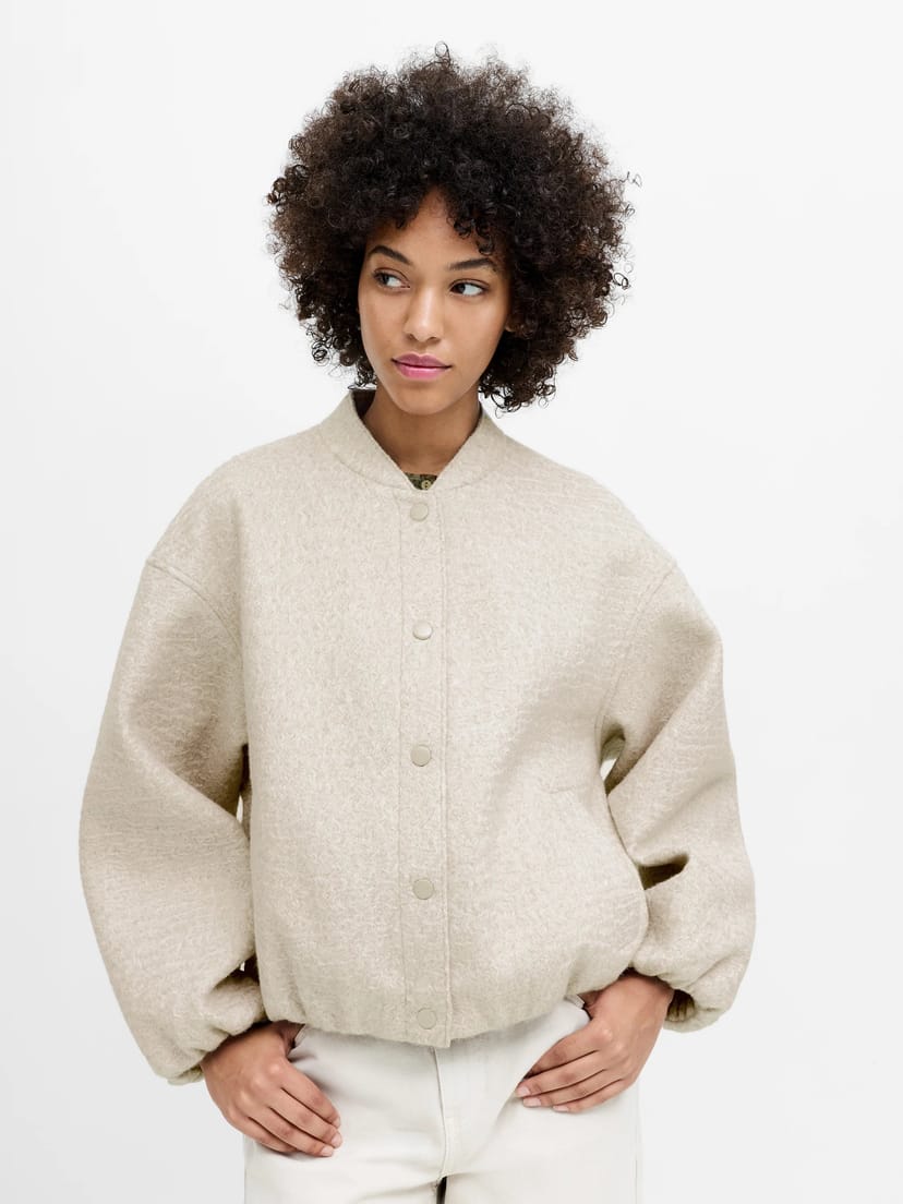 French Connection Nellie Oatmeal Textured Bomber Jacket Oatmeal Neutral - 1