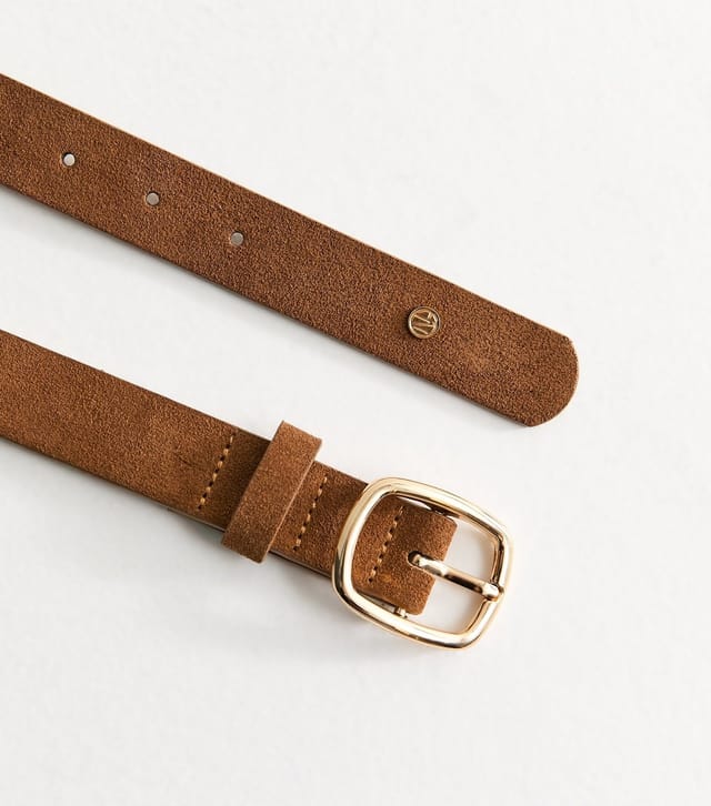 New Look Tan Real Suede Rectangle Buckle Belt New Look - 3