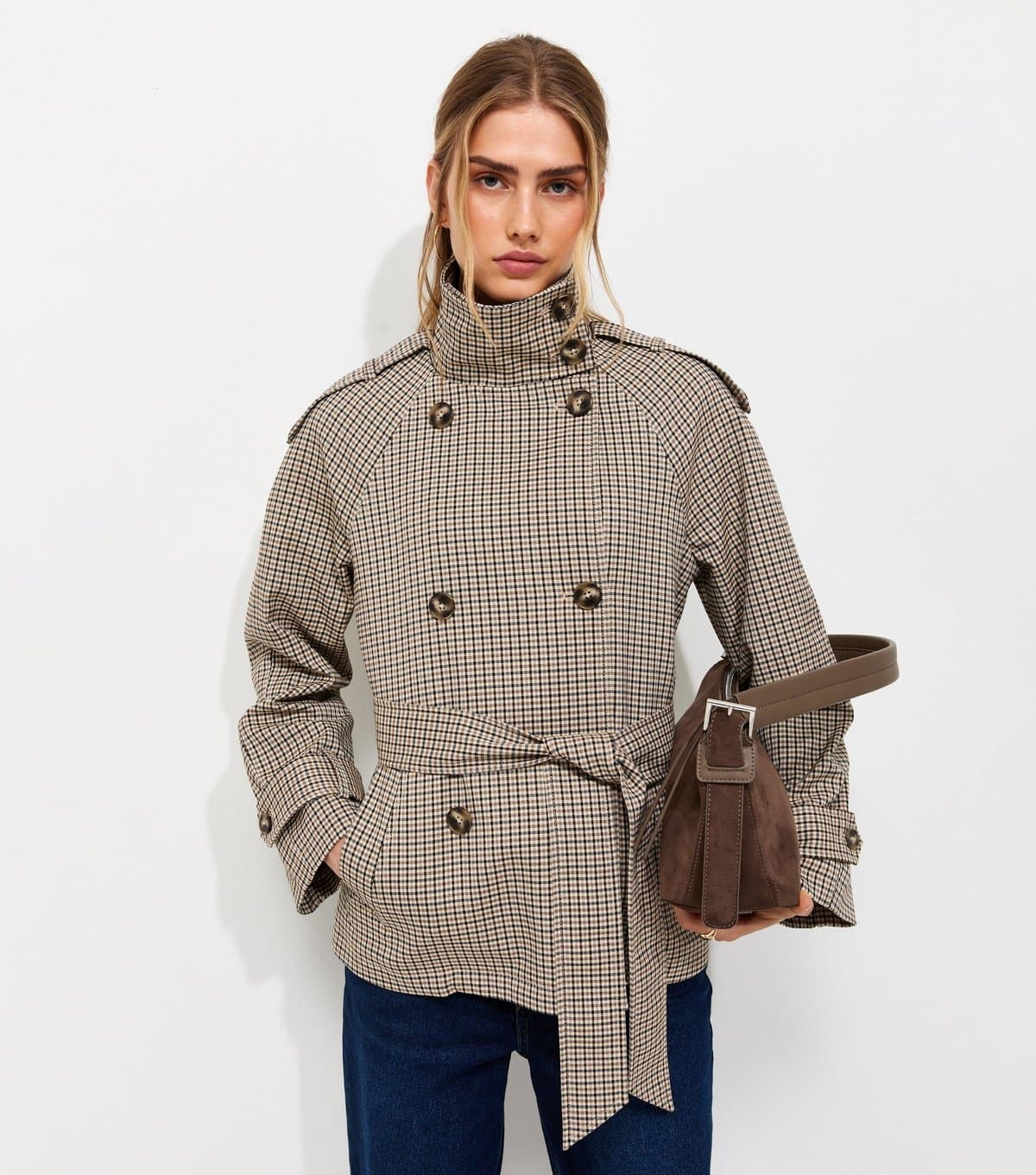 New Look Women's Brown Check High Neck Belted Mac Jacket New Look