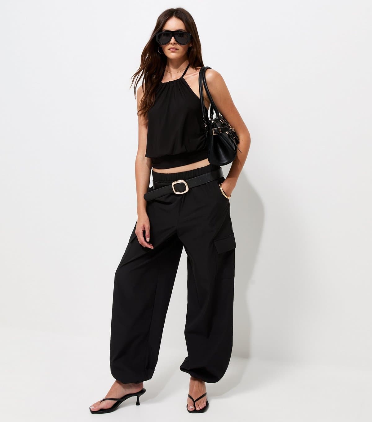 New Look Women's Black Fitted Waistband Bubble Hem Halter Neck Cami Top New Look