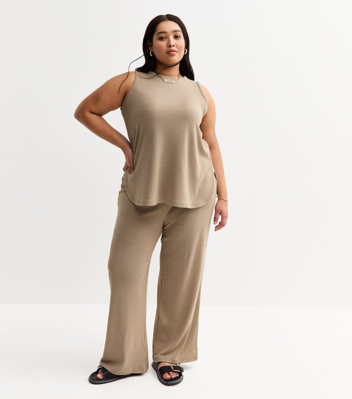 New Look Women's Plus Size Mink Soft Touch Wide Leg Trousers Curves New Look