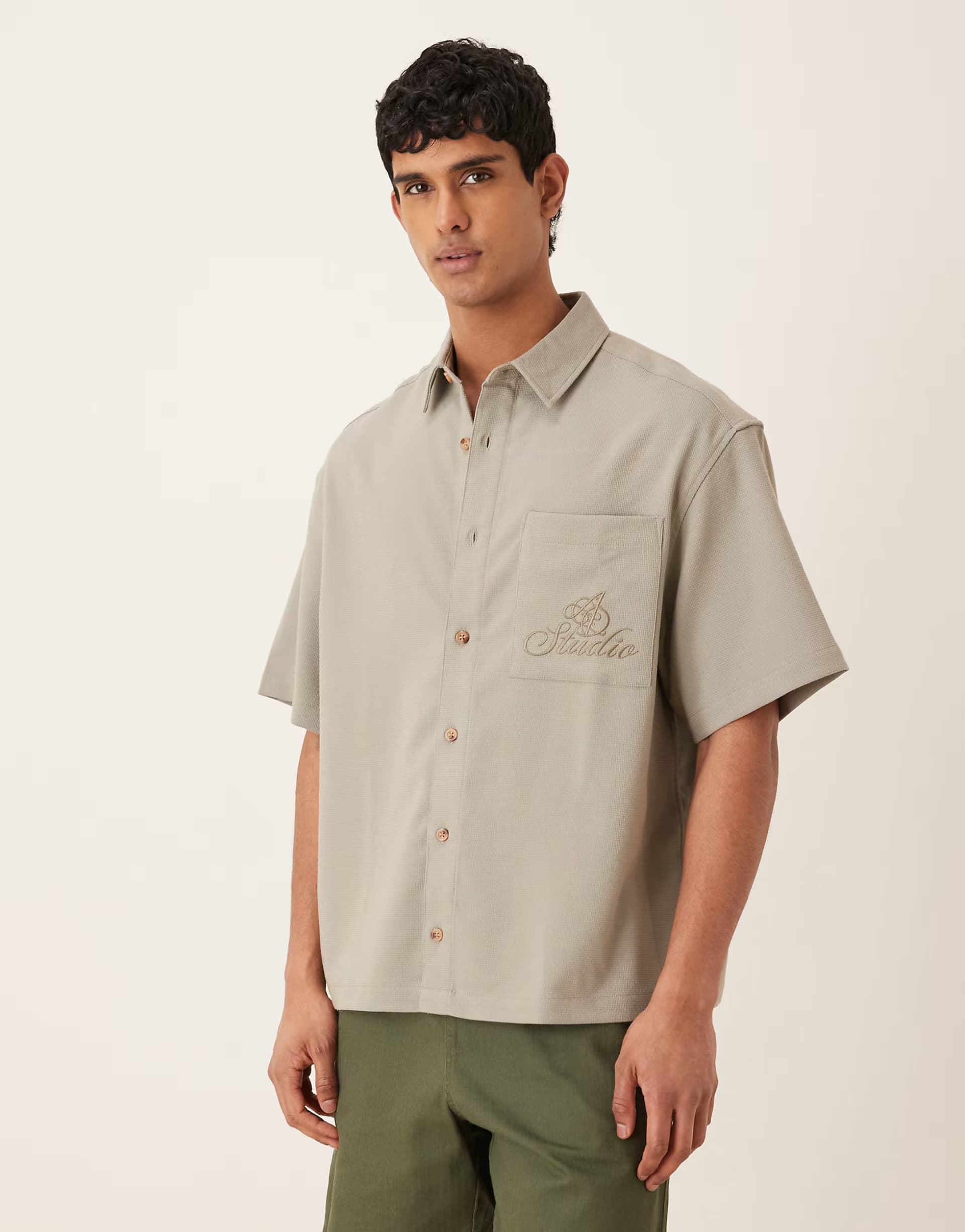 ASOS ASOS DESIGN oversized textured shirt with chest embroidery in sage green
