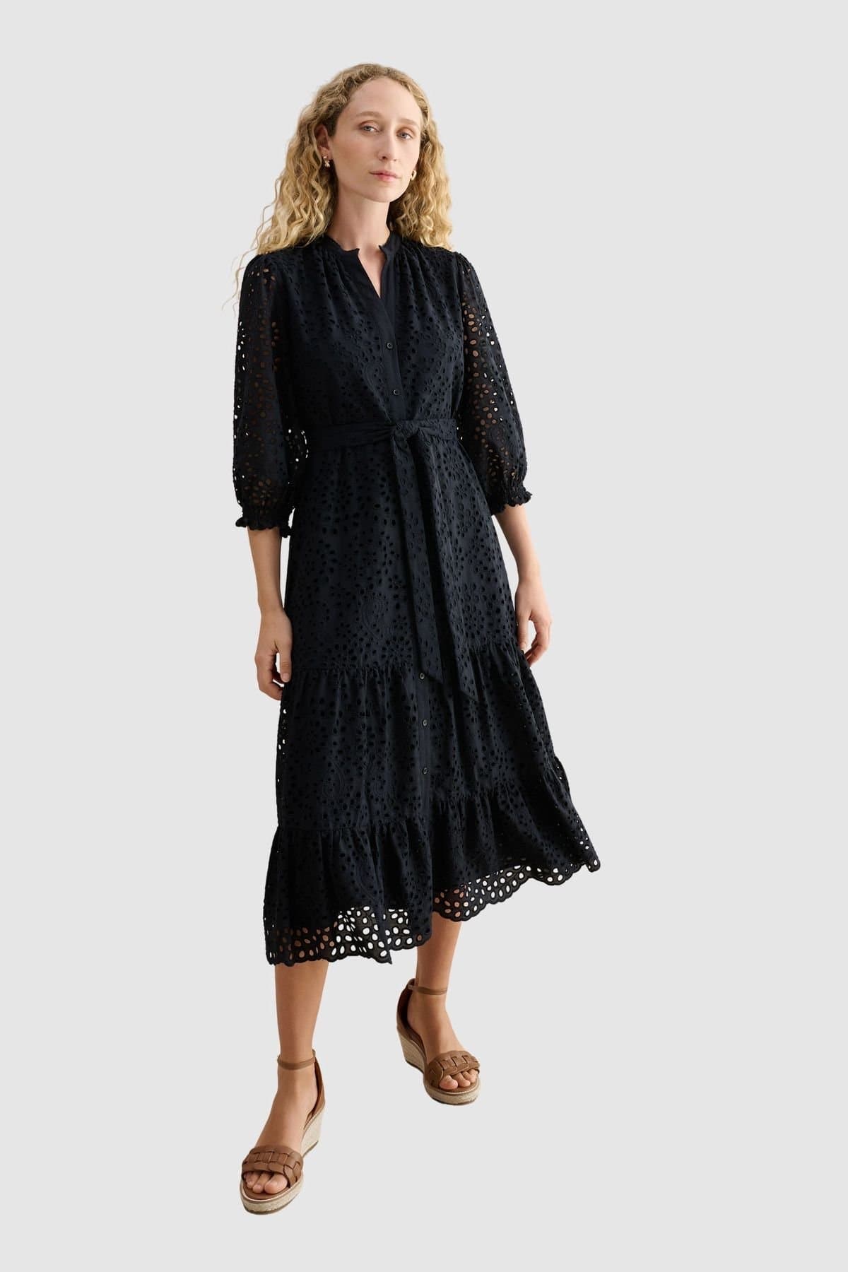 Hobbs London Hobbs London Women's Cianna Tiered Broderie Midi Dress in Dark Navy