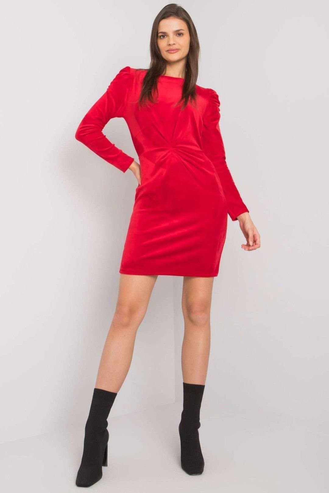 Love Lace Love Lace Women's Evening Fitted Velour Dress Long Sleeve in Red