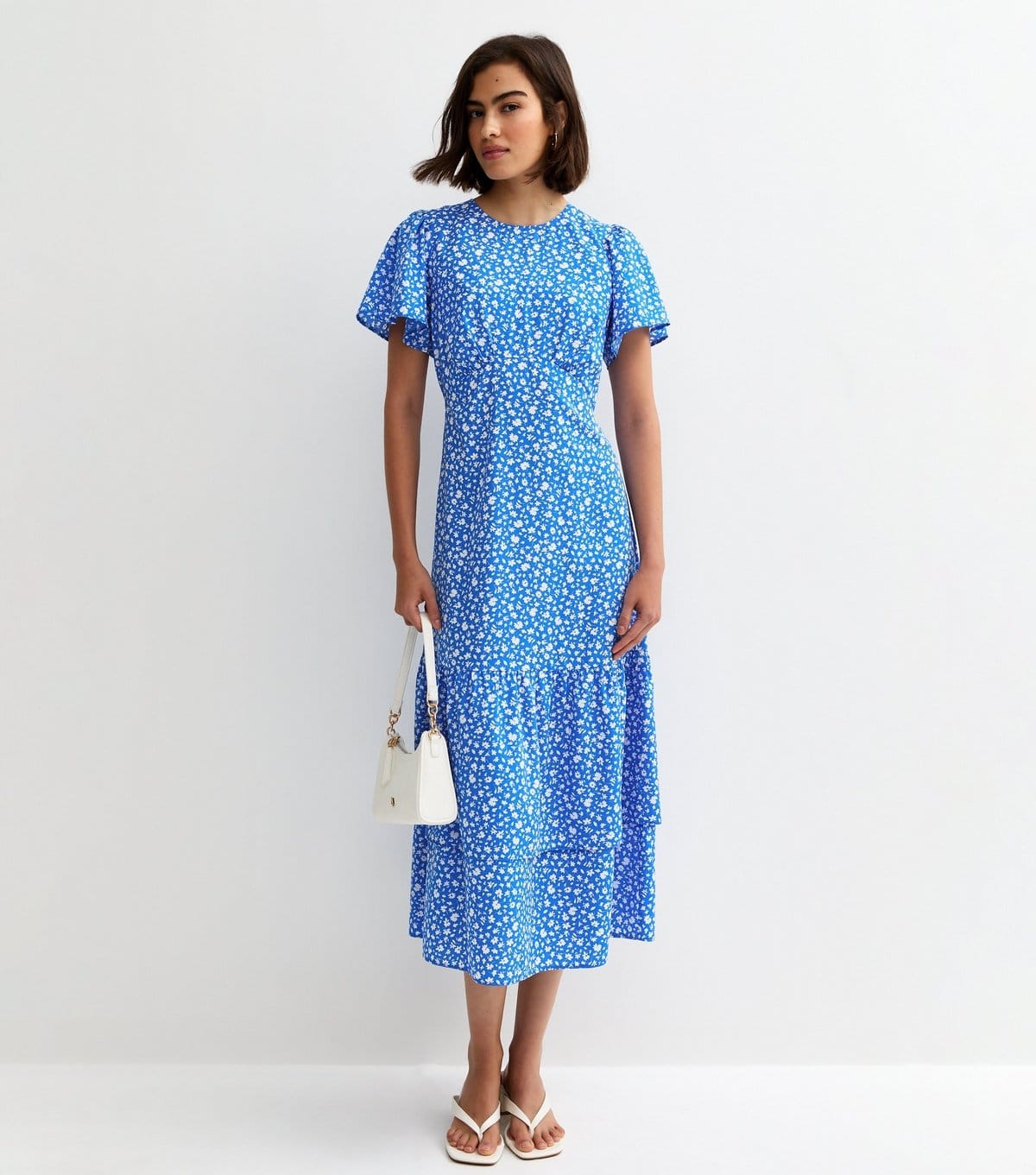 Women's Blue Crepe Floral Print Short Sleeve Tiered Midi Dress New Look