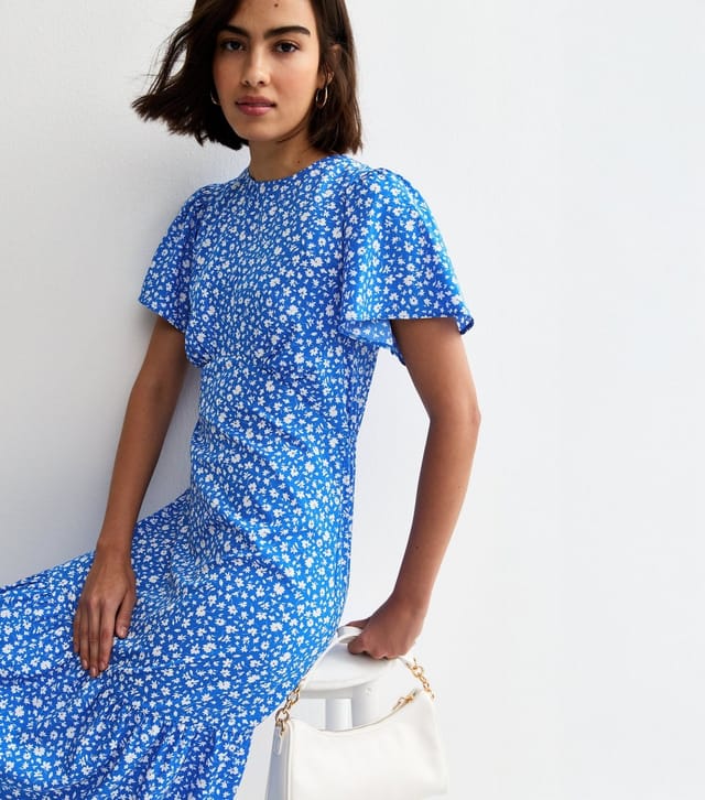 New Look Women's Blue Crepe Floral Print Short Sleeve Tiered Midi Dress New Look - 3