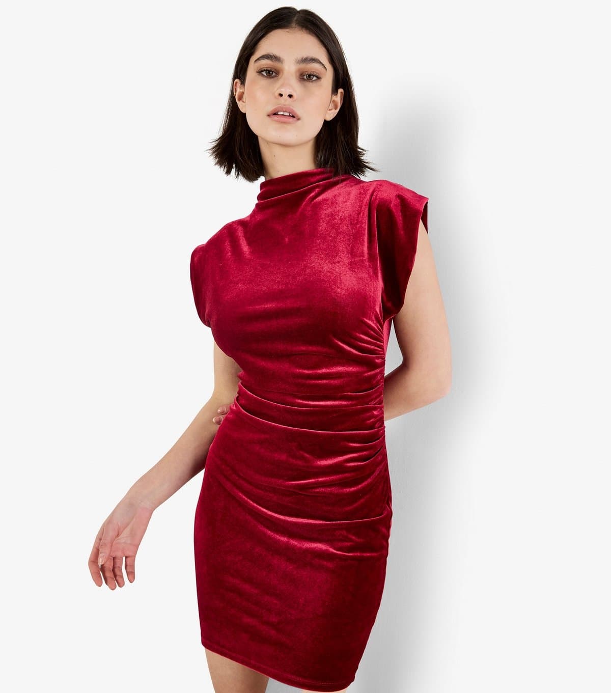 Apricot Women's Red Velvet Cowl Neck Ruched Mini Dress Apricot New Look