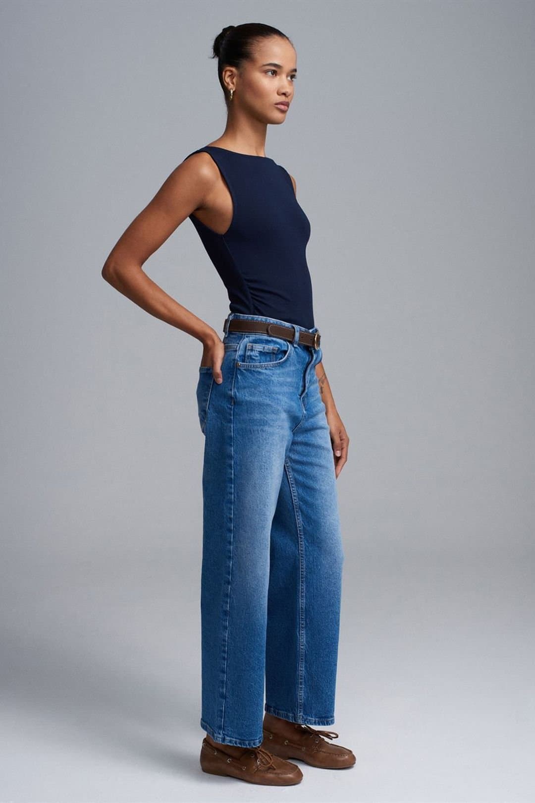 Dilvin Dilvin Navy Blue High-Waist Wide-Leg Denim Jeans